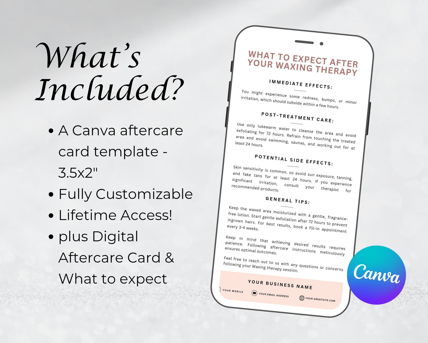 Waxing Treatment Care Card, Aftercare Card, Edit in Canva