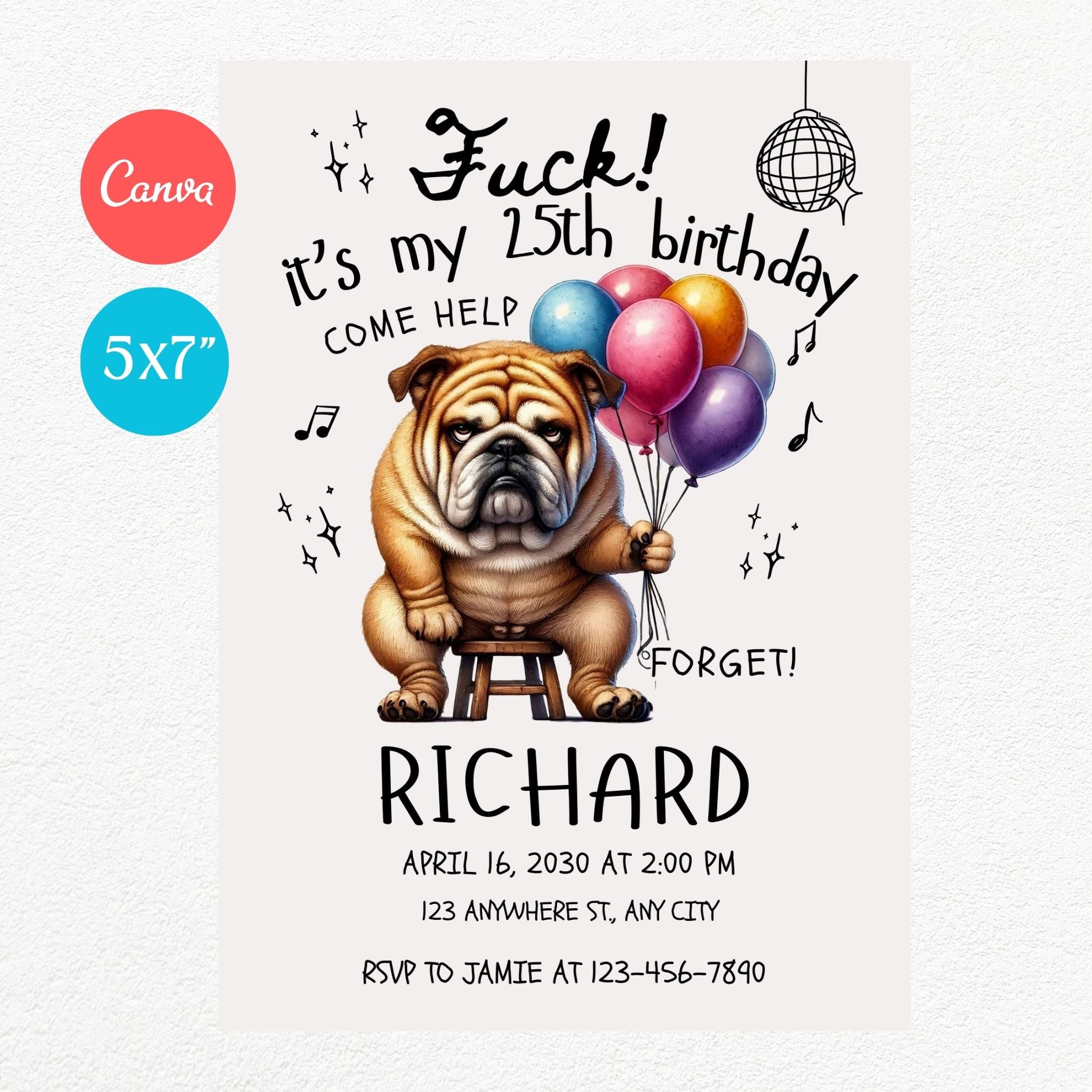 Grumpy Bull with Balloons Funny Birthday Party Invitation – twixdesigns