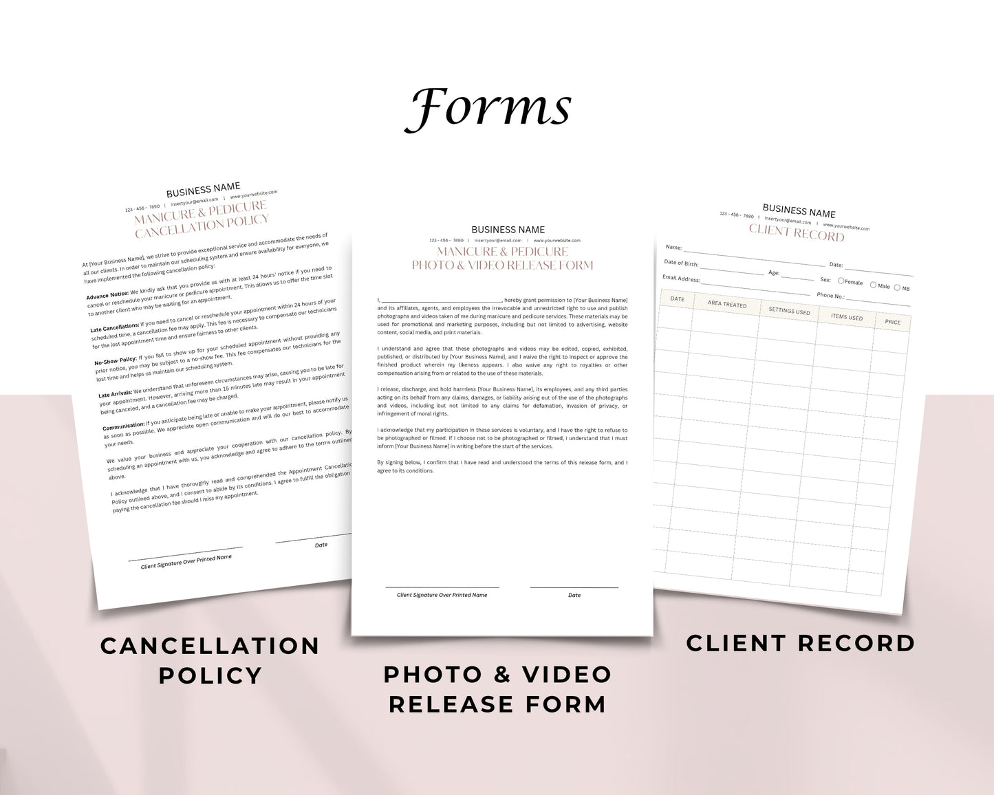 Manicure & Pedicure Business Forms, Consultation form, Client consent form, Loyalty & Business Card, Edit in Canva