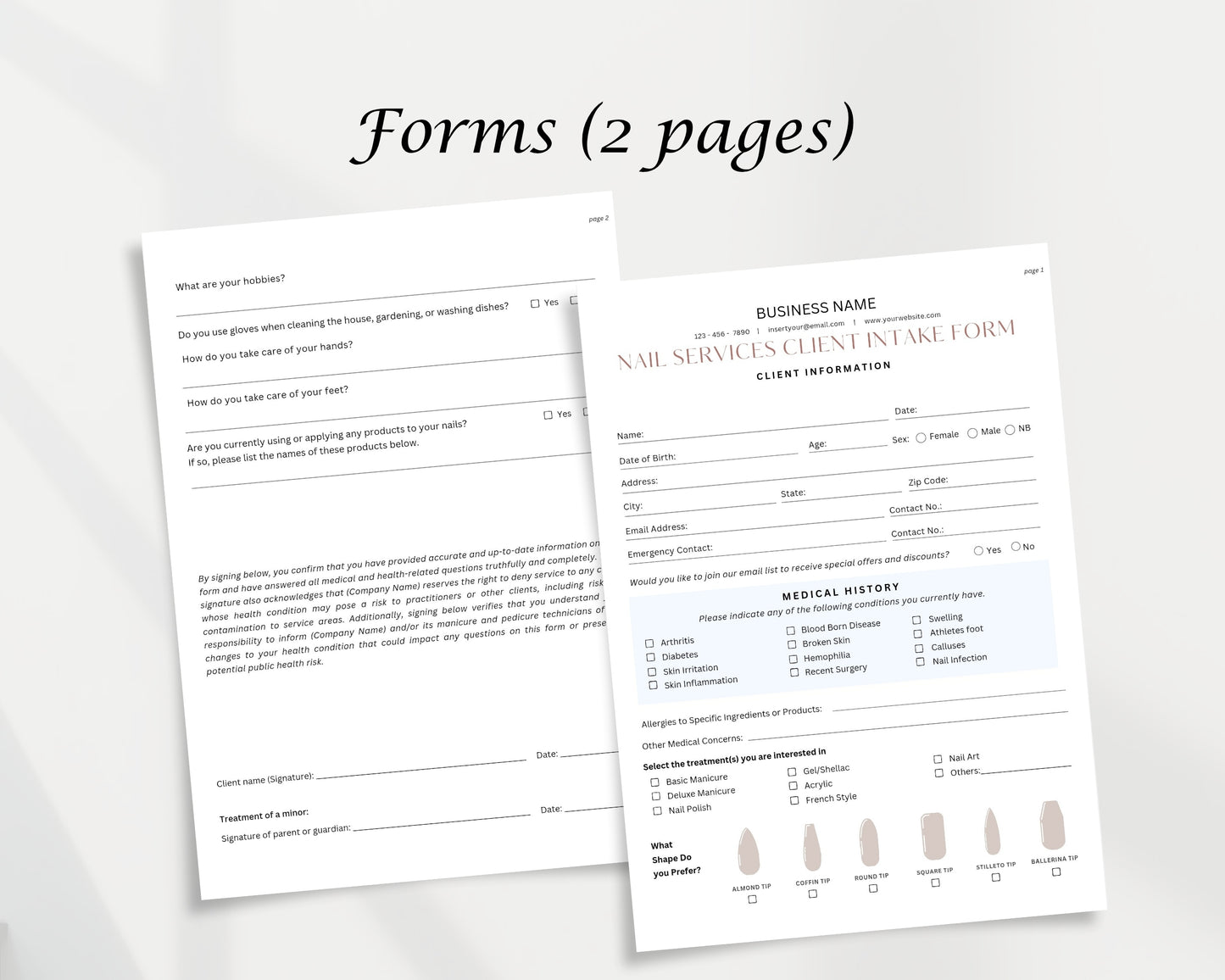 Nail Service Form, Consultation form, Client consent form, Editable Canva templates