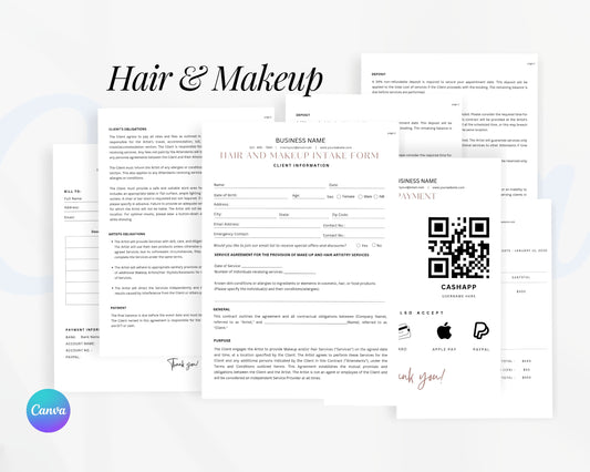 Hair and Makeup Form, Consultation form, Client consent form, Editable Canva templates