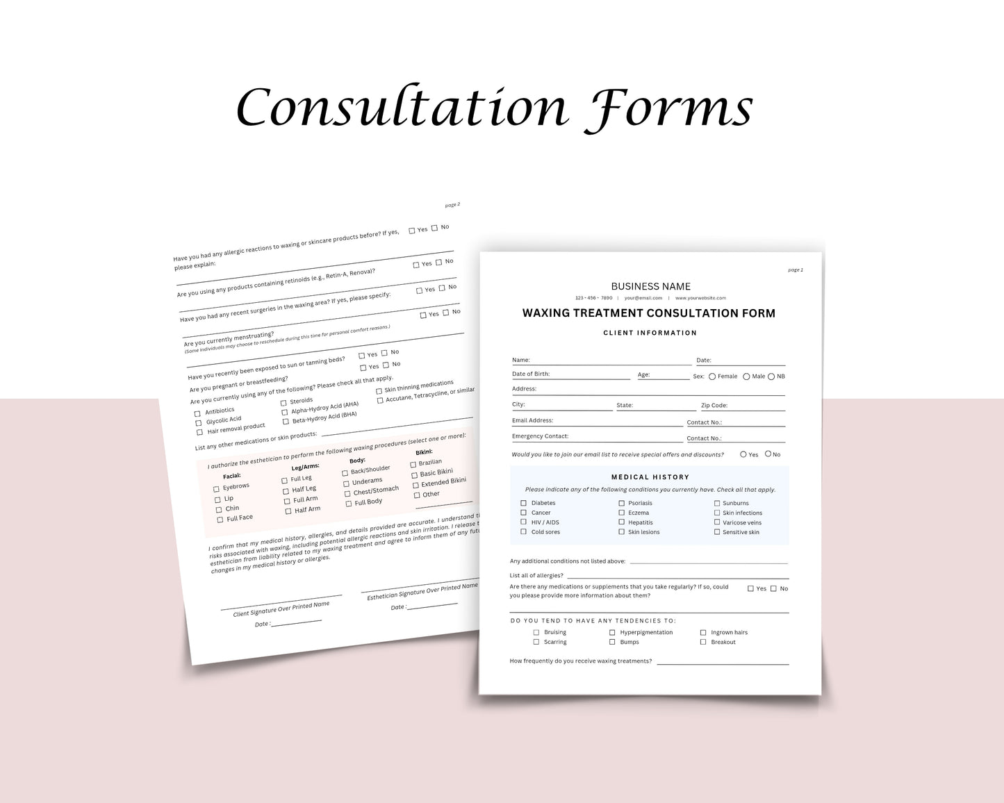 Waxing Treatment Form, Consultation form, Client consent form, Loyalty Card, Business Card, Editable Canva templates, Aftercare Card