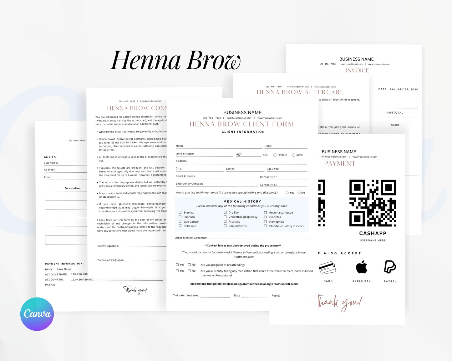 Henna Brow Form, Consultation form, Client consent form, Editable Canva templates